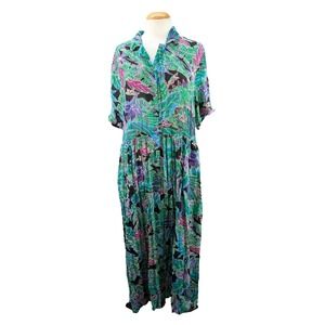New Aura Button Down Maxi Dress Floral Tropical Cottagecore Rayon India Size L‎